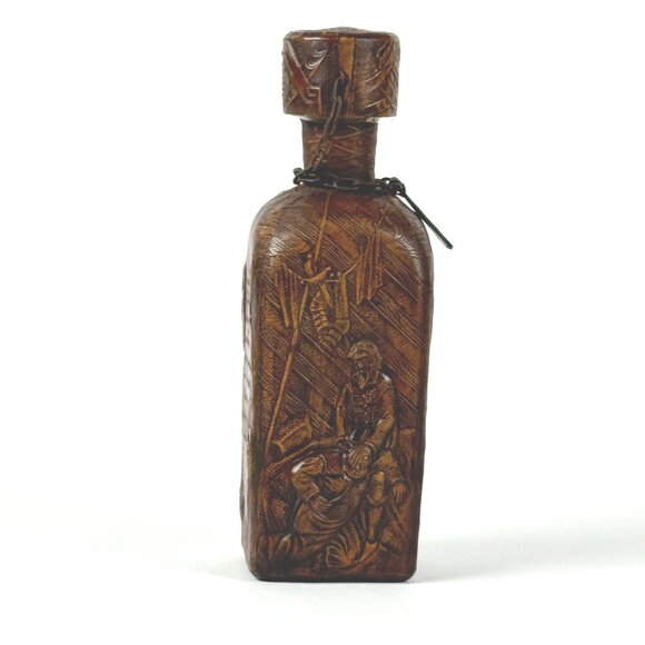 Vintage Tooled Leather Liquor Empty Whiskey Bottle Holder Chain Cork Stopper - Picture 5 of 10